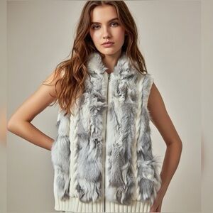 Vintage Christopher & Banks Rabbit Fur and Cable-Knit Vest, Size Large